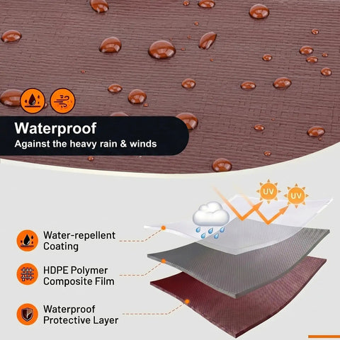 Heavy Duty Waterproof Tarp 12x20 Feet Ultra Thick 16 Mil HDPE Brown showing water-repellent coating, polymer layers, and UV protection