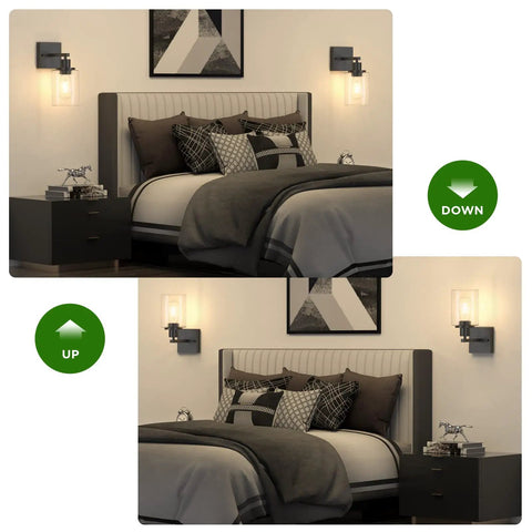 Bedroom with Two Pack Black Vanity Wall Sconces Modern Industrial Wall Lighting With Clear Glass Shades above bed, up and down positions shown