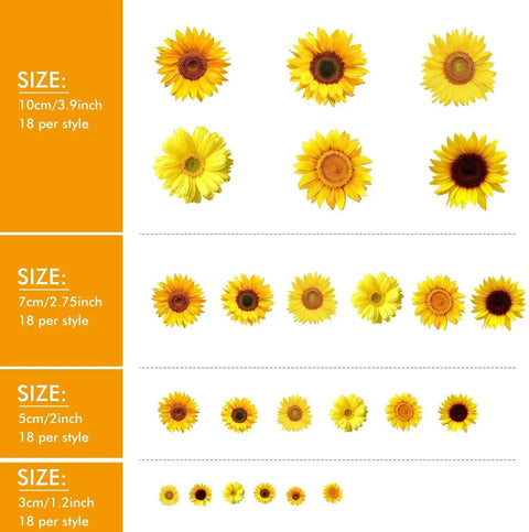 72 Pieces Sunflower Wall Sticker Set Peel And Stick 3D Removable Waterproof Decals for Bedroom Kitchen Bathroom Living Room size chart