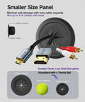 Four Pack Mini Black TV Cord Hiders Grommets With Drill Bit showing cable capacity, size comparison with tennis ball for wall pass throughs.