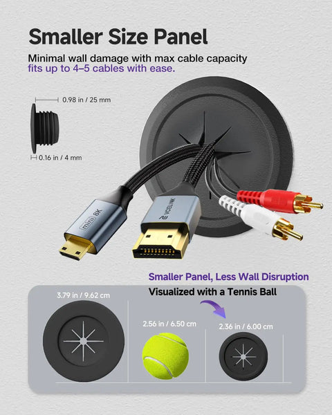 Four Pack Mini Black TV Cord Hiders Grommets With Drill Bit showing cable capacity, size comparison with tennis ball for wall pass throughs.