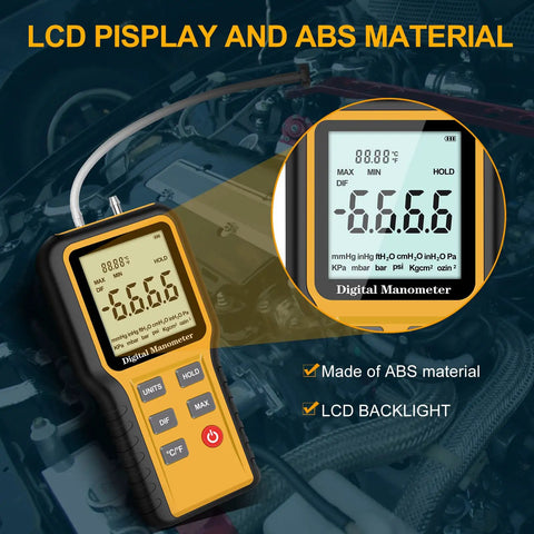Digital Manometer For HVAC Dual Port Air Pressure Meter Handheld Gauge For Single Or Differential Pressure, Measures Air Pressure And Temperature, Pro Grade Troubleshooting Tool For Ductwork, Ventilation, And Lab Testing with LCD display and ABS material