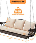 Three Person Wicker Porch Swing With Cup Holder, Built Tough Outdoor Rattan Patio Swing Chair, Hanging Bench With Steel Chains, Cushions