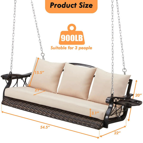 Three Person Wicker Porch Swing With Cup Holder, Built Tough Outdoor Rattan Patio Swing Chair, Hanging Bench With Steel Chains, Cushions