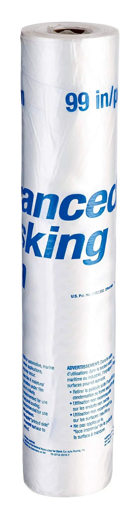 Roll of Advanced Masking Film for Hand Masker, 8 Rolls, 99 In x 90 Ft, showing product label and dimensions.
