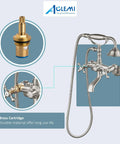 Brushed Nickel Clawfoot Tub Faucet Wall Mount Tub Filler Set With Handheld Sprayer Double Cross Handles, solid brass construction.