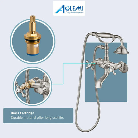 Brushed Nickel Clawfoot Tub Faucet Wall Mount Tub Filler Set With Handheld Sprayer Double Cross Handles, solid brass construction.