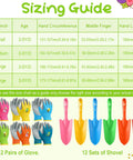 Sizing guide with 12 pairs of gloves and 12 colorful shovels from 24 Piece Kid Friendly Garden Tool Set With Mini Colorful Metal Shovels And Gloves.