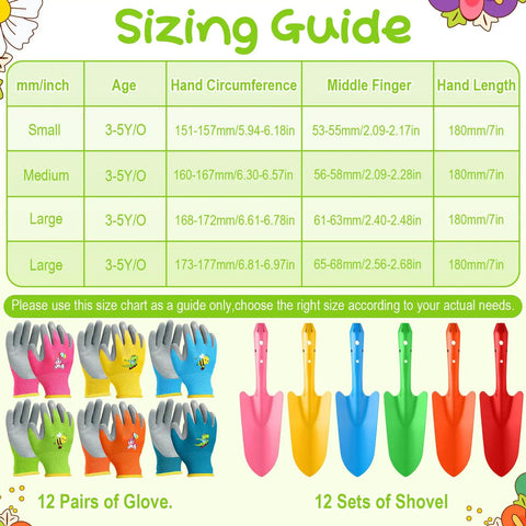 Sizing guide with 12 pairs of gloves and 12 colorful shovels from 24 Piece Kid Friendly Garden Tool Set With Mini Colorful Metal Shovels And Gloves.
