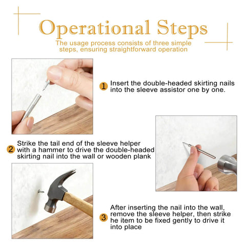Operational steps for heavy duty double headed skirting nails showing insertion, hammering, and finishing installation.