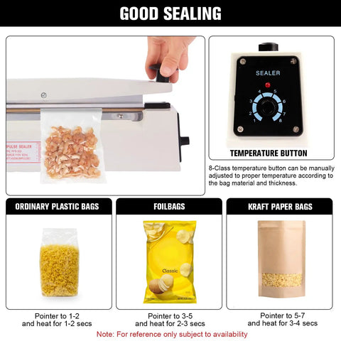 Heavy Duty Twelve Inch Impulse Bag Heat Sealer Constructed With Hella Rugged Aviation Aluminum Body For Badass Commercial Food Packaging, sealer in use.
