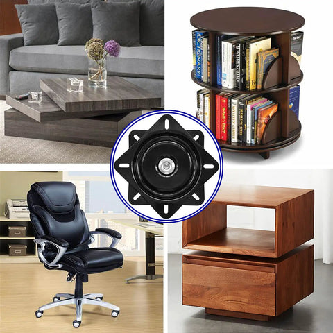 Composite image featuring Heavy Duty 8 Inch Bar Stool Swivel Plate With Solid Ring Ball Bearings 500 Lbs Capacity Replacement Chair Base.