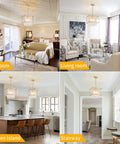 Gold Crystal Chandelier Pendant Light Four Light Industrial Fixture in bedroom, living room, kitchen island, and stairway