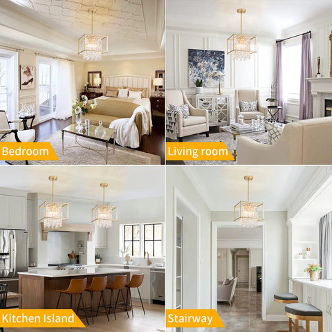 Gold Crystal Chandelier Pendant Light Four Light Industrial Fixture in bedroom, living room, kitchen island, and stairway