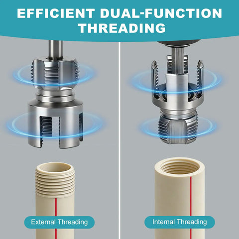 Two Piece PVC Pipe Threader Tool Set With One Half Inch And Three Quarter Inch Heads For Pipes Internal And External Threading Electric Drill Compatible Carbon Steel With Protective Coating For DIY Home Plumbing showing dual-function threading with external and internal threading on PVC pipes.