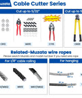 Muzata cable cutters series: red-handled stainless steel wire rope cutters with models CR12, MO15, CT15, and CR03.
