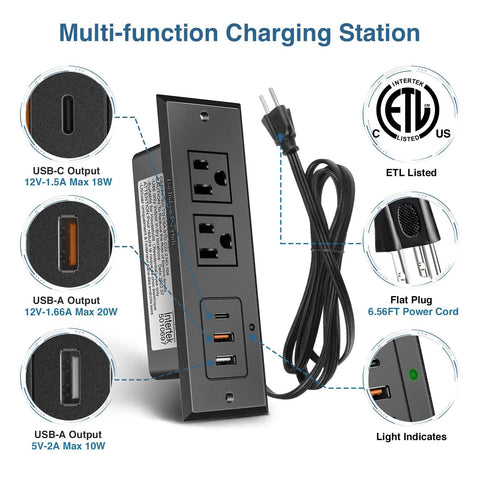 Underdesk Conference Power Strip With USB-C PD 20W, 2 Outlets, 2 USB-A, ETL listed, flat plug, 6.5 ft cord, light indicator shown
