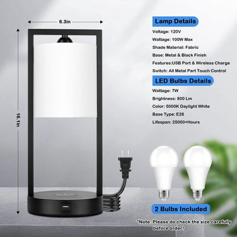 Modern White Table Lamps Set Of 2 With Touch Control, 3 Way Dimming, USB Charging Port, Wireless Charging Pad, E26 LED Bulbs