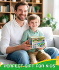 Smiling father and son holding Dinosaur Themed Toddler Remote Control Car With Lights And Music Rechargeable RC Vehicle box