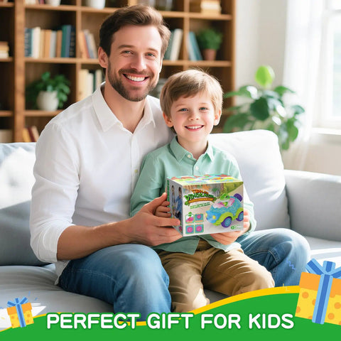 Smiling father and son holding Dinosaur Themed Toddler Remote Control Car With Lights And Music Rechargeable RC Vehicle box