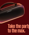 SoundLink Max Bluetooth Speaker Portable Party Ready With Deep Bass And Big Sound IP67 Waterproof Rope Handle Up To 20 Hours Of Playback USB C Connectivity And Built In 3 Point 5mm Aux Input, angled view with glow effect