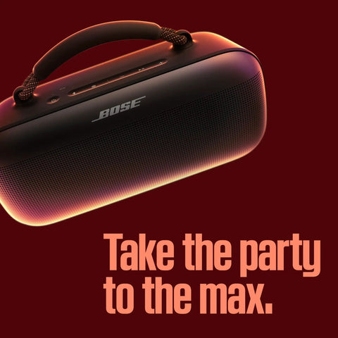 SoundLink Max Bluetooth Speaker Portable Party Ready With Deep Bass And Big Sound IP67 Waterproof Rope Handle Up To 20 Hours Of Playback USB C Connectivity And Built In 3 Point 5mm Aux Input, angled view with glow effect