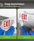 2 Pack Red Exit Signs With Emergency Lighting And 90 Minute Battery Backup, showing wall and ceiling installation methods.