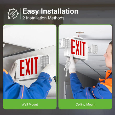 2 Pack Red Exit Signs With Emergency Lighting And 90 Minute Battery Backup, showing wall and ceiling installation methods.