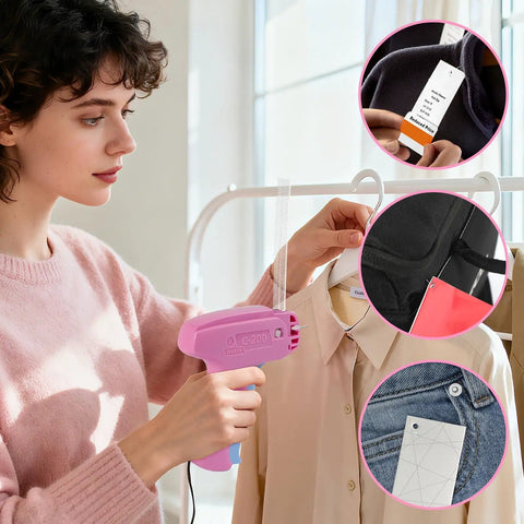 Pro Grade Dope Fabric Stitch Gun and Tagging Tool Kit for clothes with 3000 fasteners used on shirt, close-up of garment tags