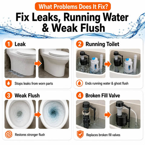 Infographic showing 3 Inch Dual Flush Valve Replacement Kit For One Piece Toilets With Top Push Button Easy Install No Fuss Toilet Repair Kit
