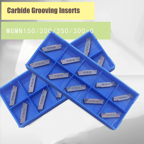 Blue cases with carbide grooving inserts MGMN150/200/250/300-G aligned in compartments, front view.
