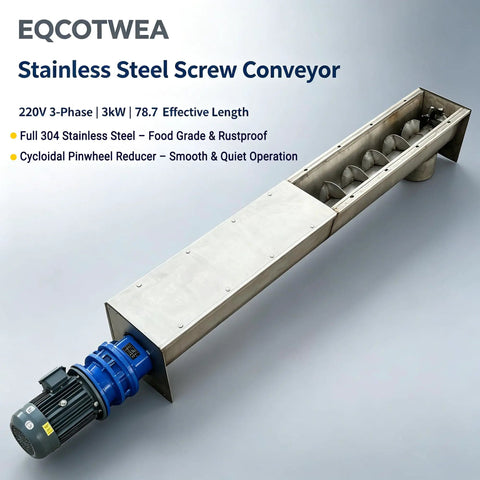 Rock Solid U Trough Screw Conveyor Built Tough From Real 304 Stainless Steel Industrial Auger Feeder For Food Powder And Granule Material Handling 3KW Motor Runs Slick, showing the stainless steel body and motor.
