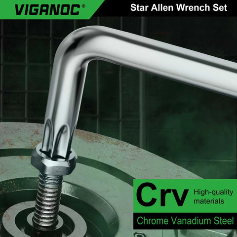 Close-up of Chrome Vanadium Long Arm Torx Star Allen Wrench Set T10 to T50 in CrV steel against a mechanical background
