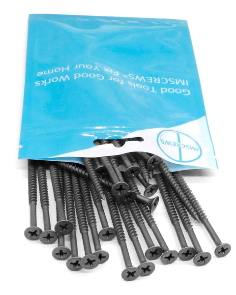 Built Tough Black Door Hinge Screws Size 8 By 2 And Three Quarter Inches Corrosion Resistant Carbon Steel Wood Fasteners in a pack.