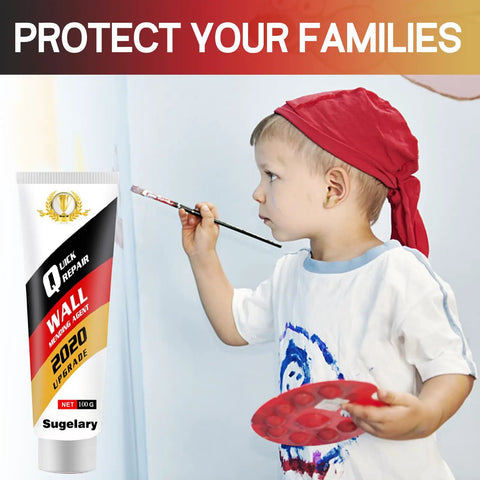 Child holding a brush near wall with All In One Drywall Patch Repair Kit With Scraper For Quick Hole Dent And Scratch Fix visible