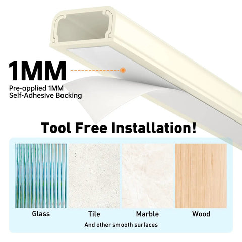 1MM self-adhesive backing for Straight Up Sturdy Beige Cord Hider And Wall Cable Cover fits smooth surfaces like glass, tile, marble, and wood.