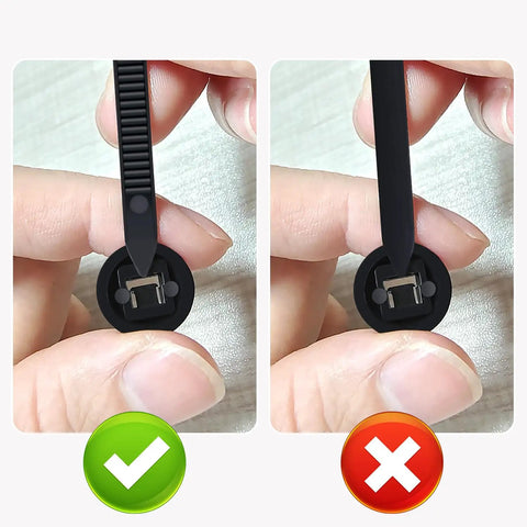 Correct and incorrect usage of 50 Pack Nylon Universal Cable Tie Buckles with Pin and Button Self Locking Design shown in hand