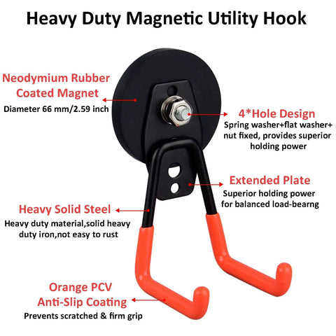 Heavy Duty Magnetic Garage Hooks Two Pack Rubber Coated Magnets For Power Drills Garden Tools Hoses Pegboard And Workshop Organization Indoor Outdoor Storage In Bright Orange with annotations