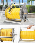 Heavy Duty Stainless Steel Garden Hose Reel With 10 Pattern Spray Nozzle, Wall Mount Or Floor Storage Rack For Low Stress Yard Tasks. 328ft yellow hose.