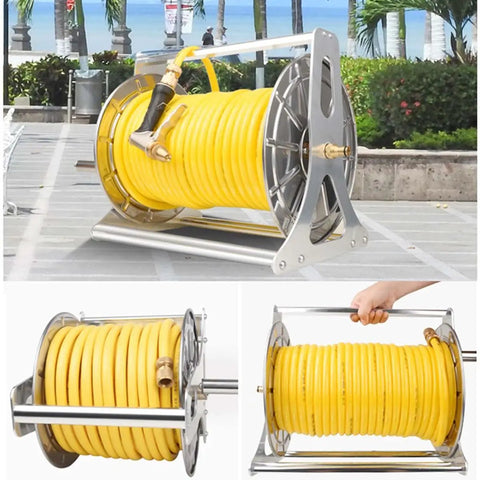 Heavy Duty Stainless Steel Garden Hose Reel With 10 Pattern Spray Nozzle, Wall Mount Or Floor Storage Rack For Low Stress Yard Tasks. 328ft yellow hose.