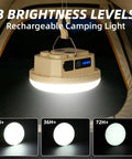 Beefy 3000LM Rechargeable Camping Light With Magnetic Hanging Hook in tent, showing 3 brightness levels and Type-C fast charge.