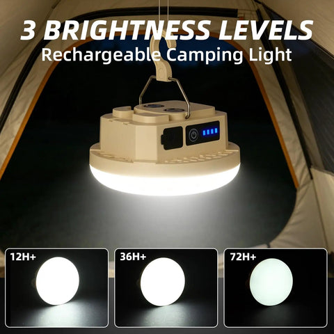 Beefy 3000LM Rechargeable Camping Light With Magnetic Hanging Hook in tent, showing 3 brightness levels and Type-C fast charge.