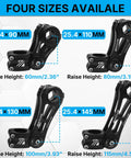 Four adjustable bike stems in sizes 25.4x90mm, 25.4x110mm, 25.4x130mm, 25.4x145mm with riser height shown in image