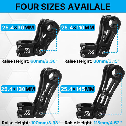 Four adjustable bike stems in sizes 25.4x90mm, 25.4x110mm, 25.4x130mm, 25.4x145mm with riser height shown in image
