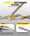 Front view of SENKEYFE come-along winch with two hooks, gold-tone metal, 3T capacity, 10ft steel cable