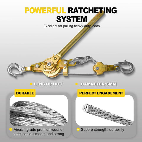 Front view of SENKEYFE come-along winch with two hooks, gold-tone metal, 3T capacity, 10ft steel cable