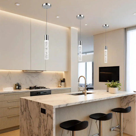 3 Pack Modern Pendant Lights For Kitchen Island With Glittering Crystal Bubbles, 6500K Daylight Brushed Nickel Hanging Fixtures in a modern kitchen.