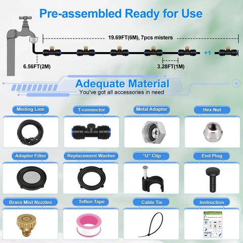 Diagram of Misting System 26 Foot Kit with Brass Nozzles and Three Quarter Inch Brass Adapter for outdoor patio cooling.