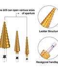HSS step drill bit set, 3-piece titanium-coated gold bits with 1/4" hex shank for sheet metal holes 1/8–3/4 in, front view