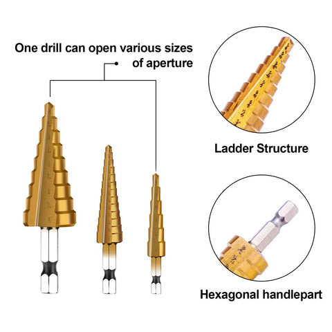HSS step drill bit set, 3-piece titanium-coated gold bits with 1/4" hex shank for sheet metal holes 1/8–3/4 in, front view
